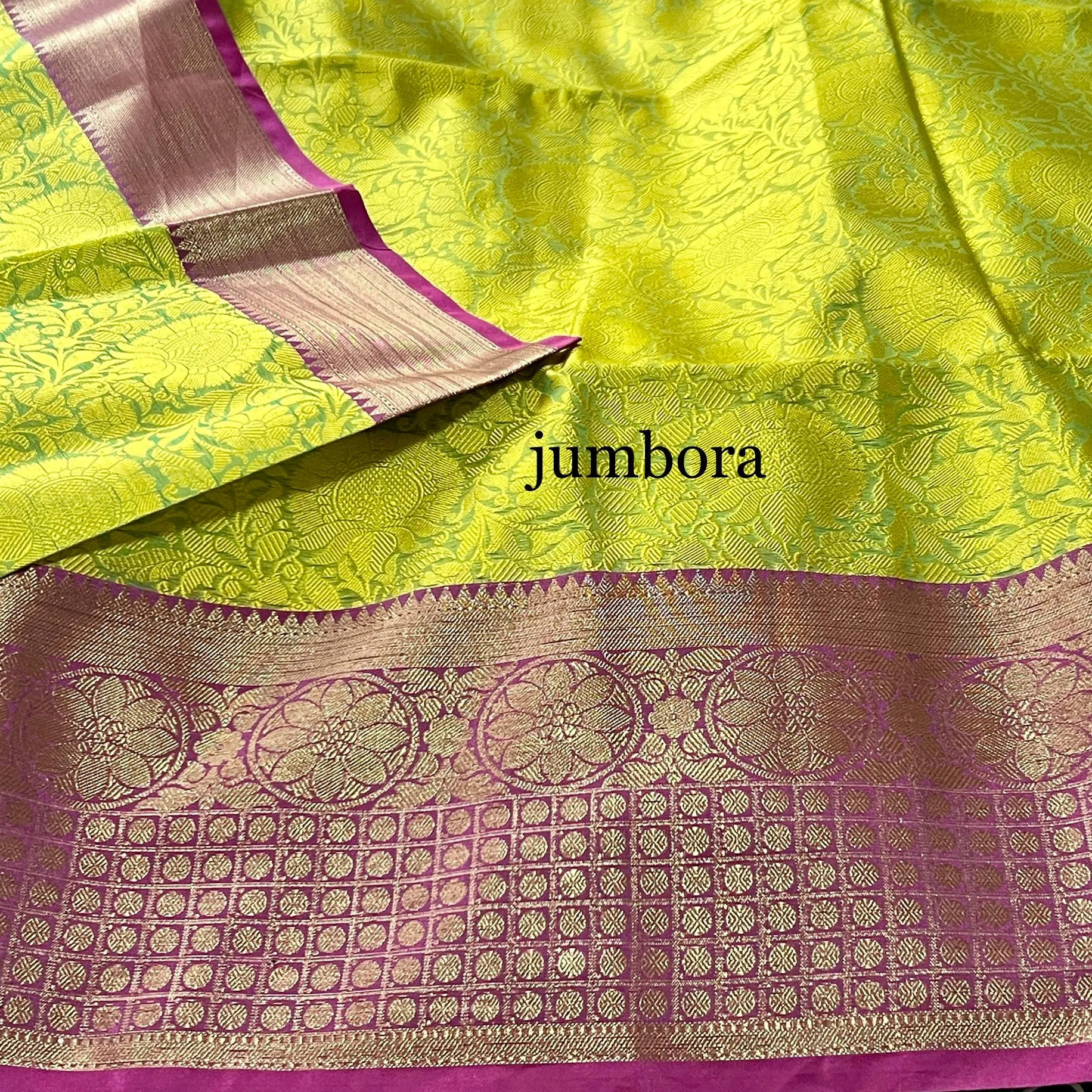 Neon Green & Magenta Kora Banarasi Saree With Stitched Blouse