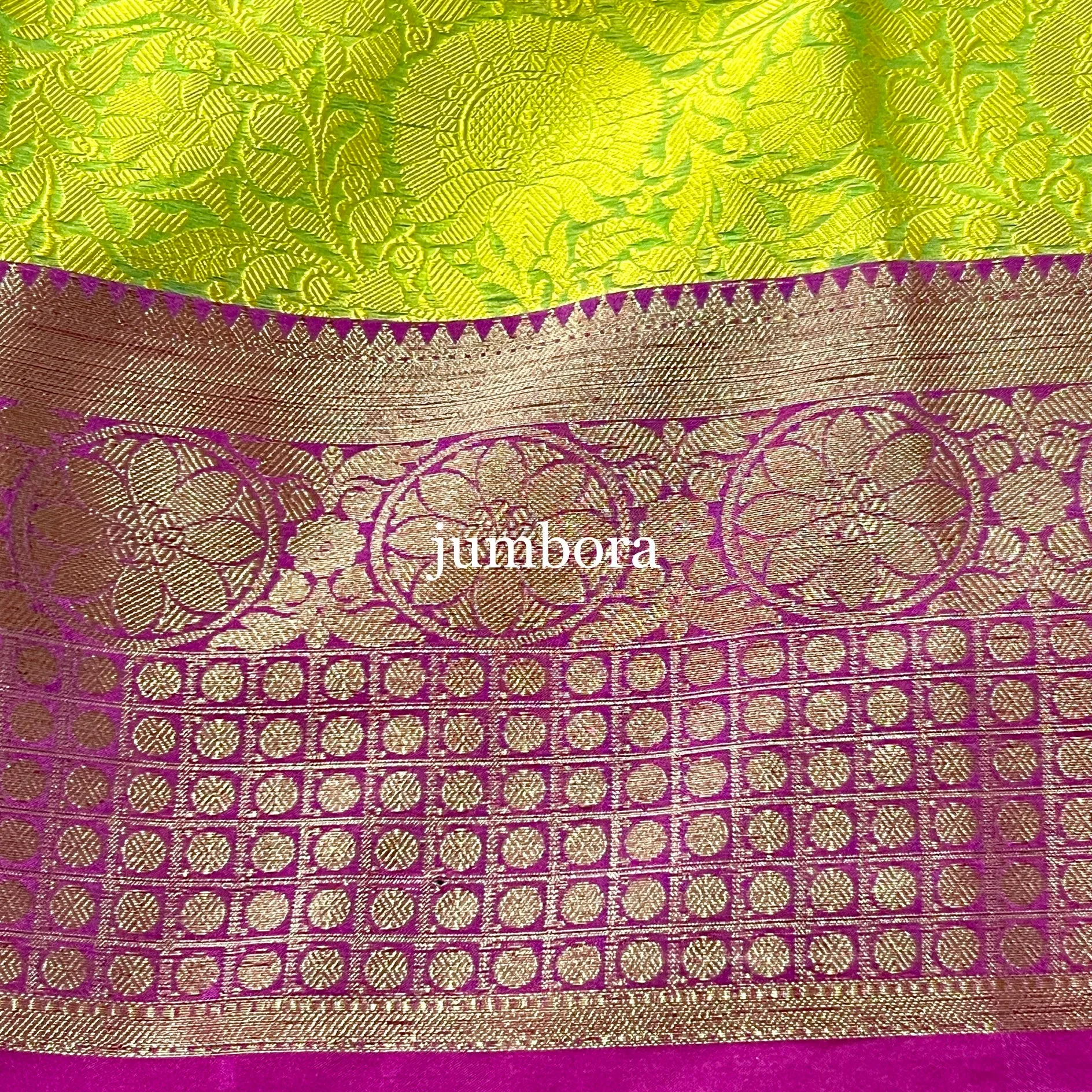 Neon Green & Magenta Kora Banarasi Saree With Stitched Blouse