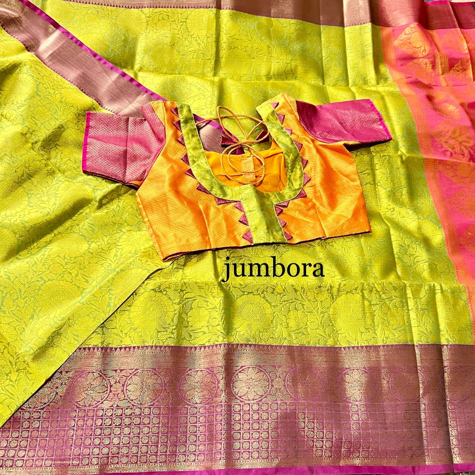 Neon Green & Magenta Kora Banarasi Saree With Stitched Blouse