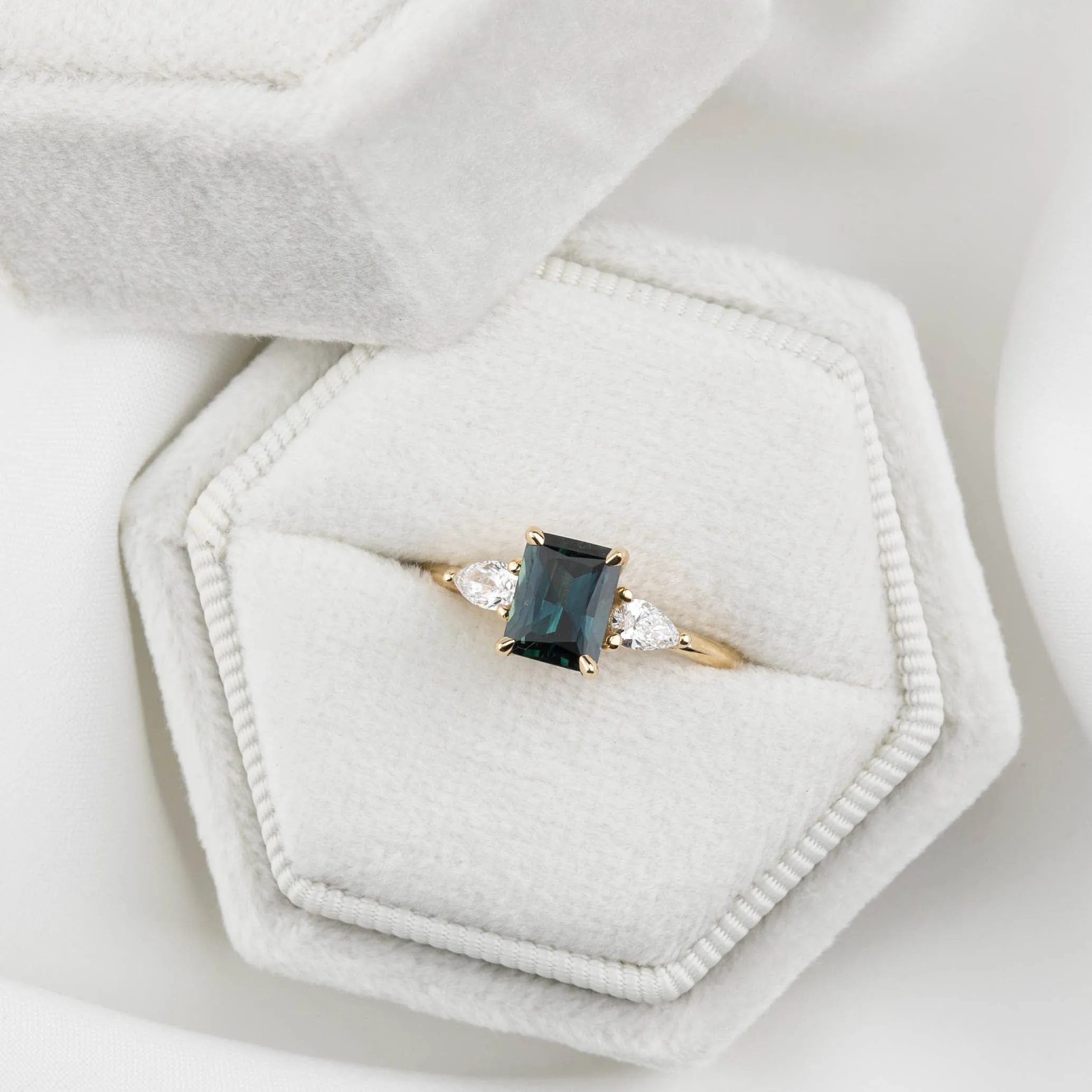 Olivia Ring 1.17ct Teal Blue Emerald Cut Queensland Sapphire, 14K Yellow Gold (One of a kind)