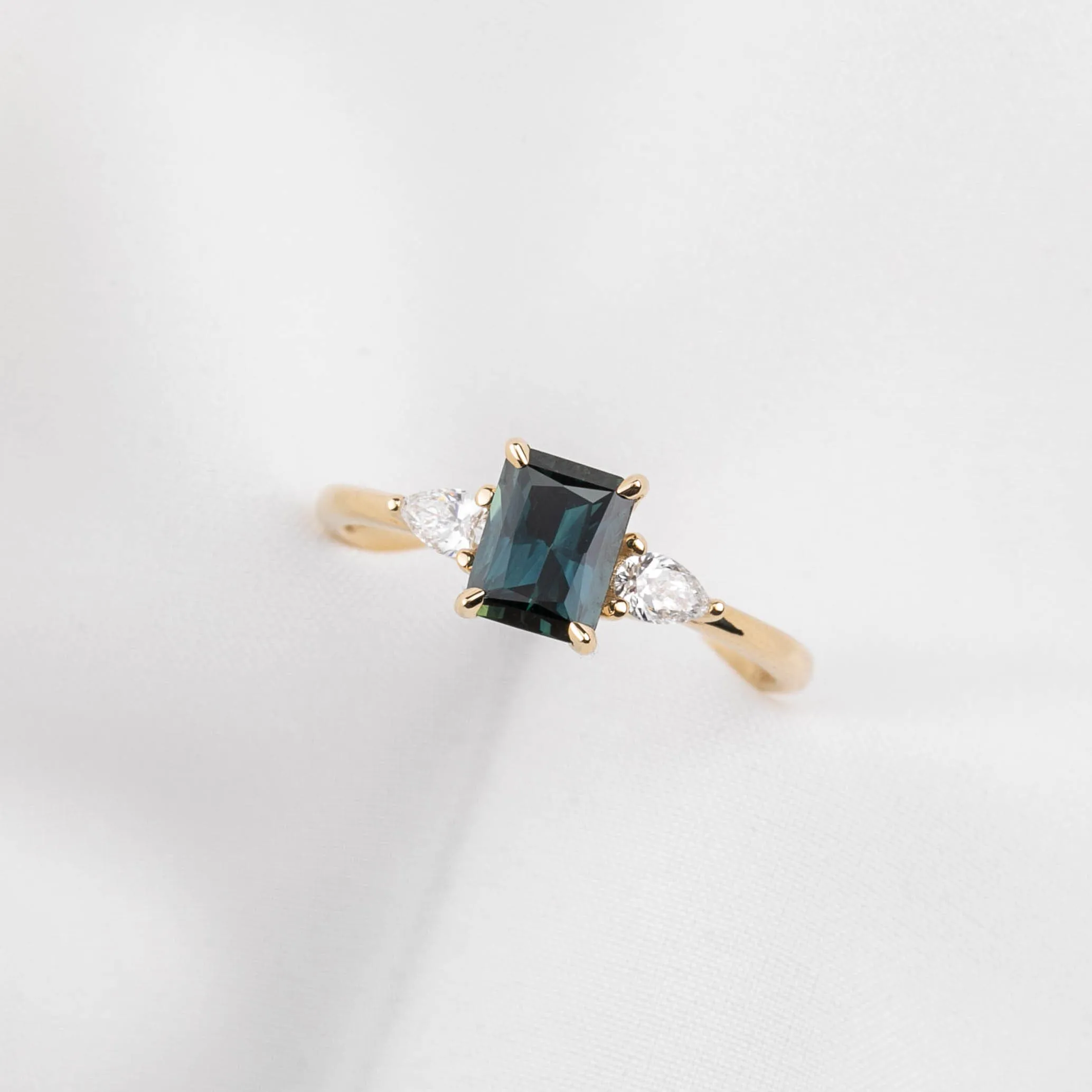 Olivia Ring 1.17ct Teal Blue Emerald Cut Queensland Sapphire, 14K Yellow Gold (One of a kind)