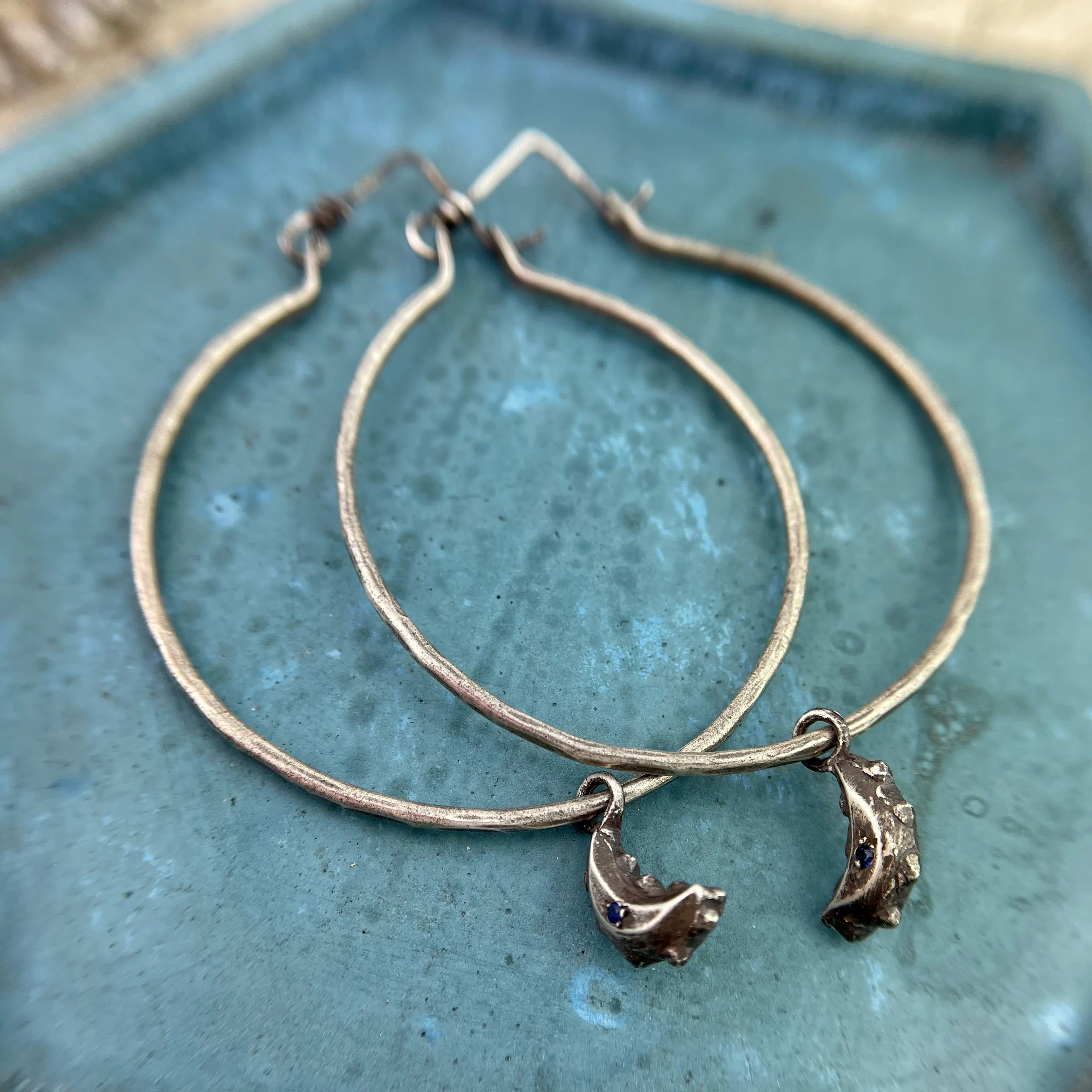 PETITE MOON Hammered Hoop Earrings - Sterling with Blue Sapphire