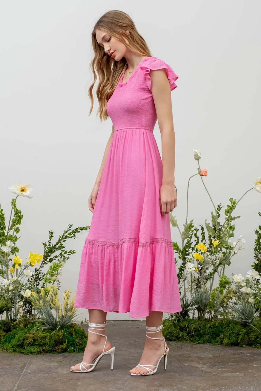 Scoop Ruffle Neck Smocked Midi Dress