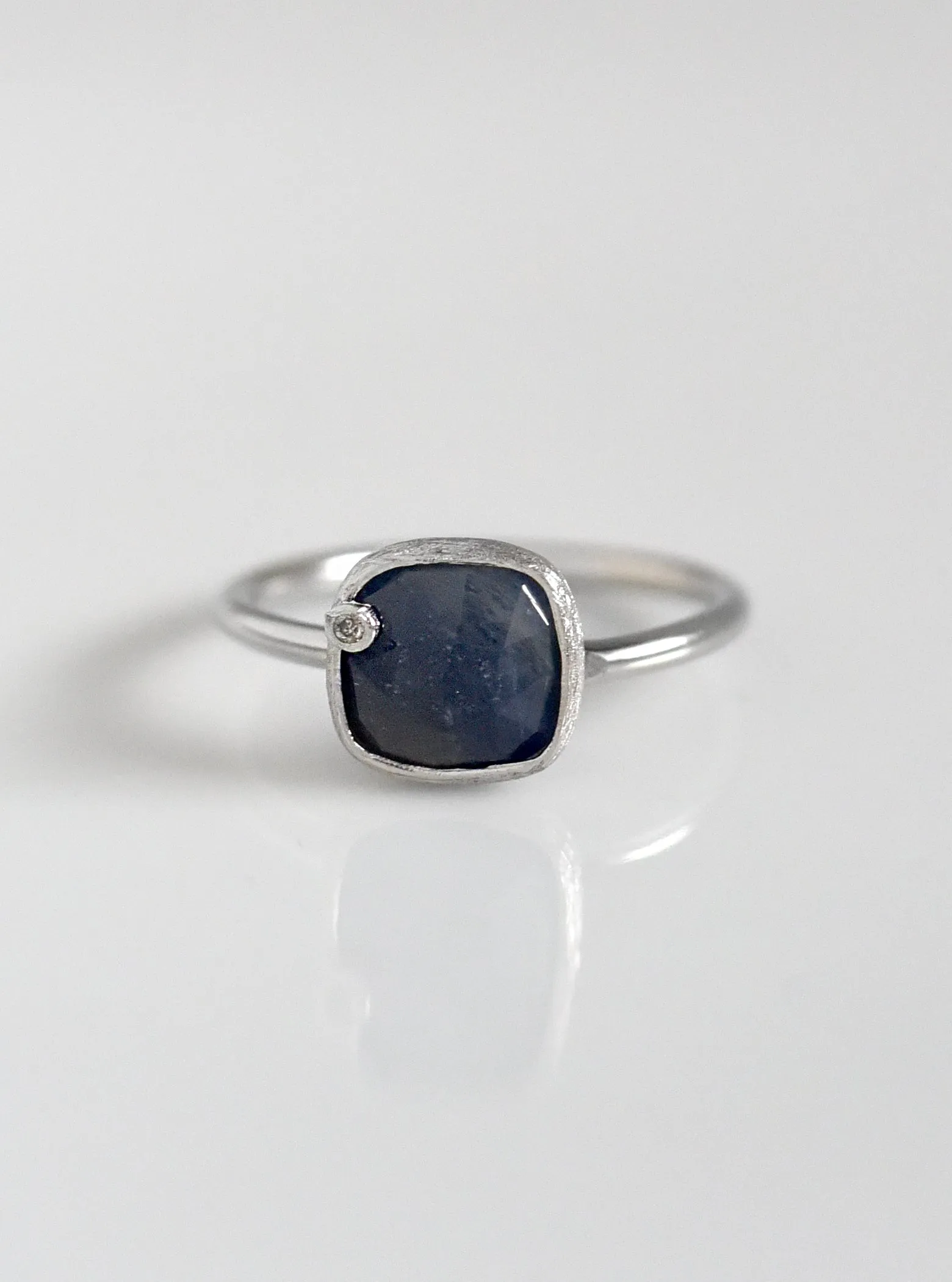 Small Natural Sapphire with Diamond Cushion Ring