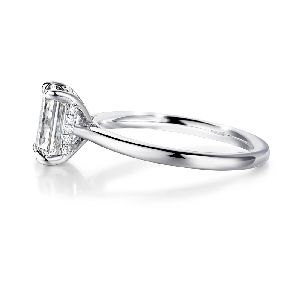 Solitaire Emerald Cut Engagement Ring With Hidden Halo