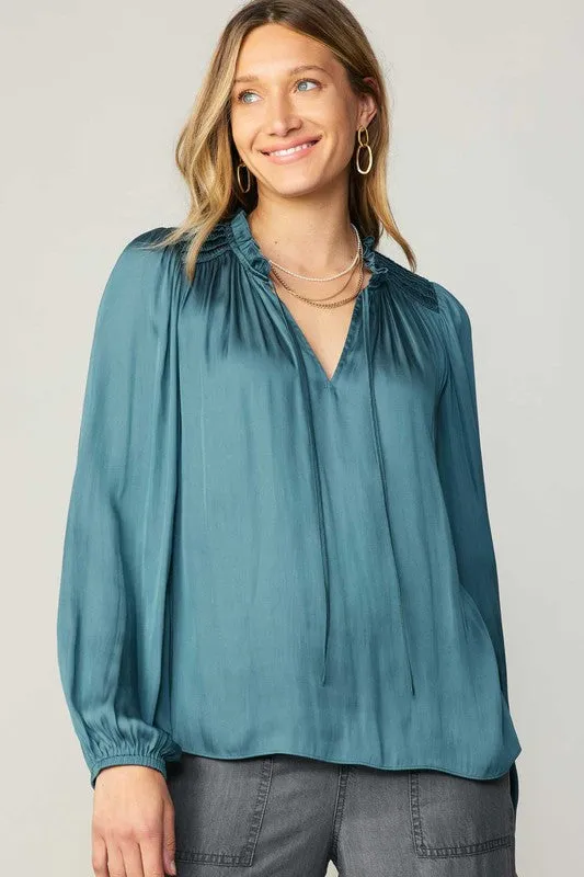 Split Neck w/ Self Tie and Ruffle Top