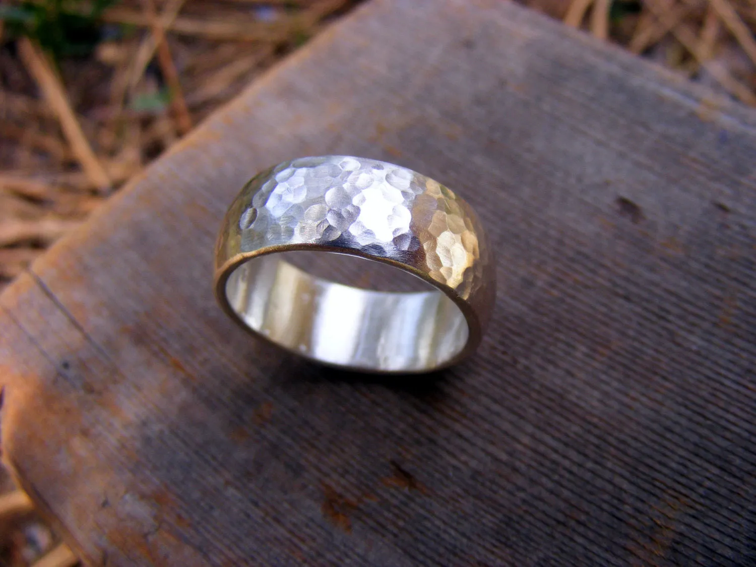 Sterling Silver Wide Wedding Band, Unisex Rustic Mens Or Womens Hammered Silver Ring Band