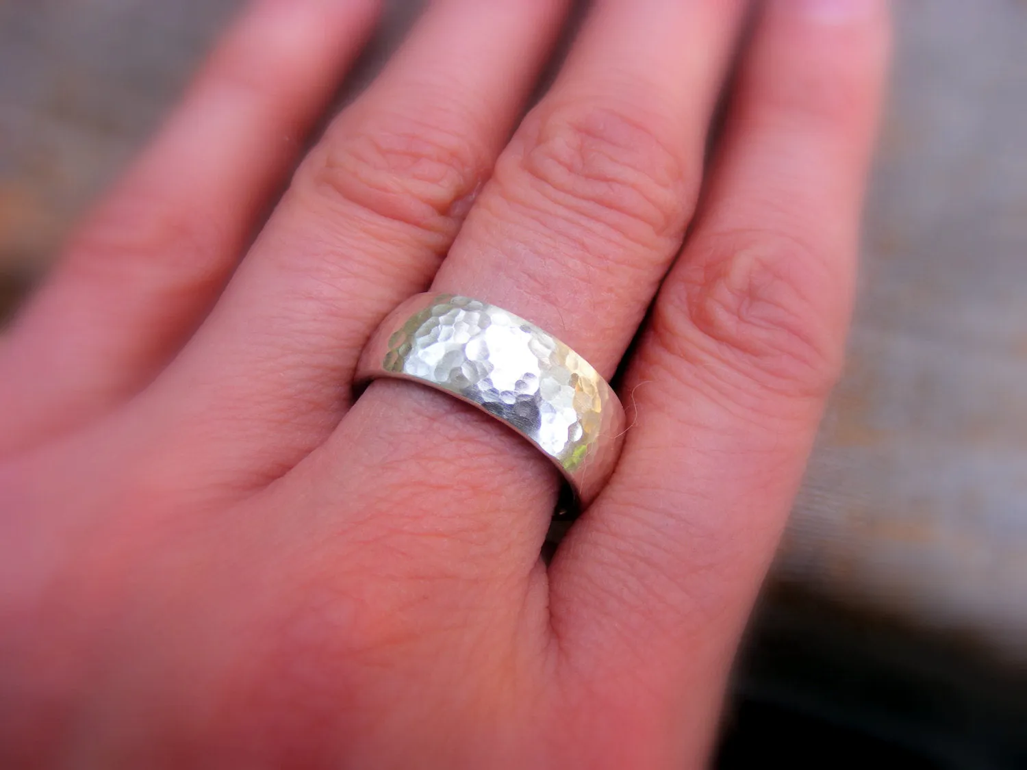 Sterling Silver Wide Wedding Band, Unisex Rustic Mens Or Womens Hammered Silver Ring Band