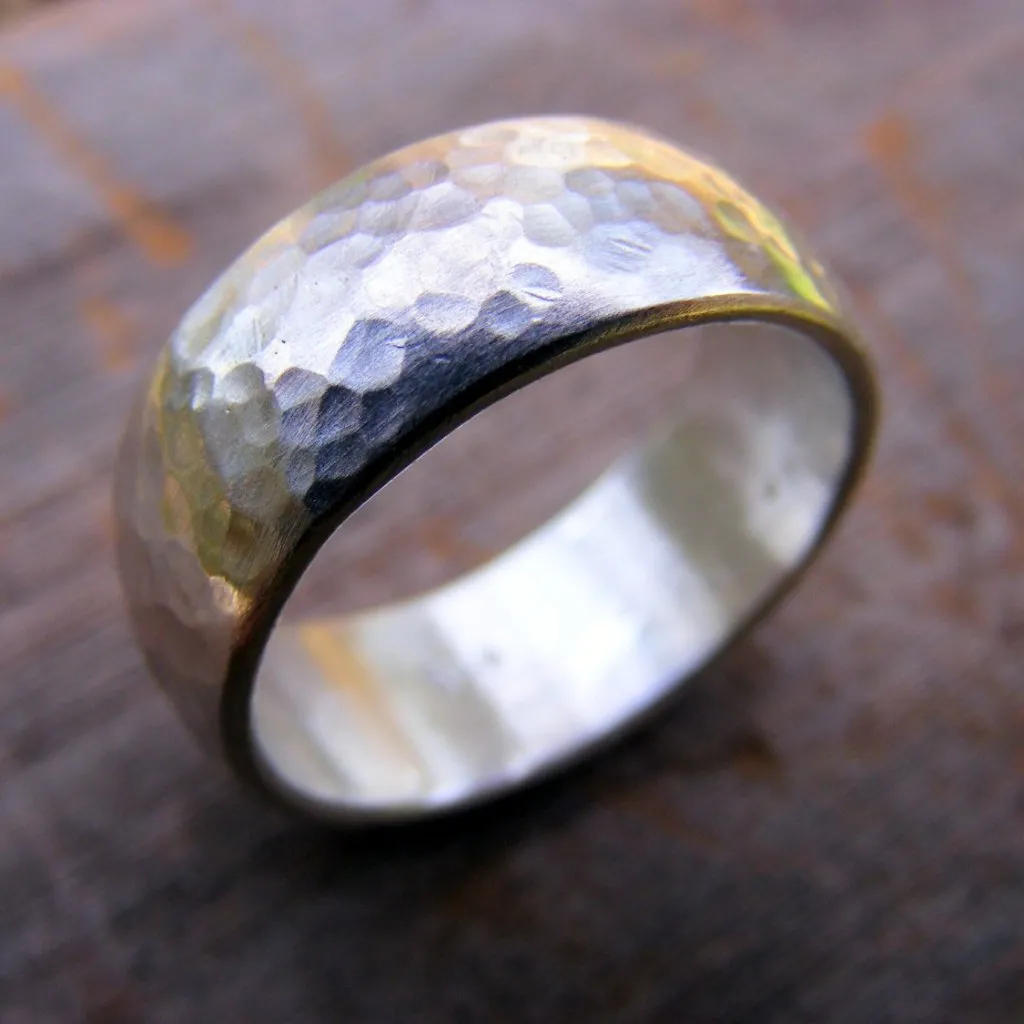 Sterling Silver Wide Wedding Band, Unisex Rustic Mens Or Womens Hammered Silver Ring Band