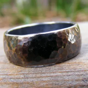 Sterling Silver Wide Wedding Engagement Ring Band, Oxidizid, Rustic, Hammered,  Mens Or Womens Unisex Jewelry, Handcrafted