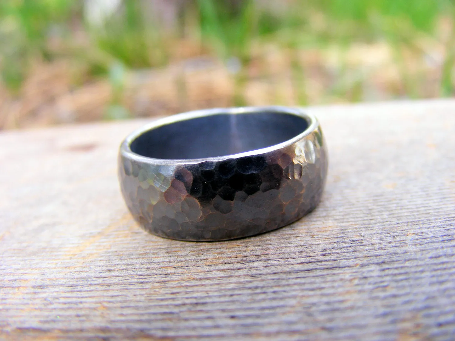 Sterling Silver Wide Wedding Engagement Ring Band, Oxidizid, Rustic, Hammered,  Mens Or Womens Unisex Jewelry, Handcrafted