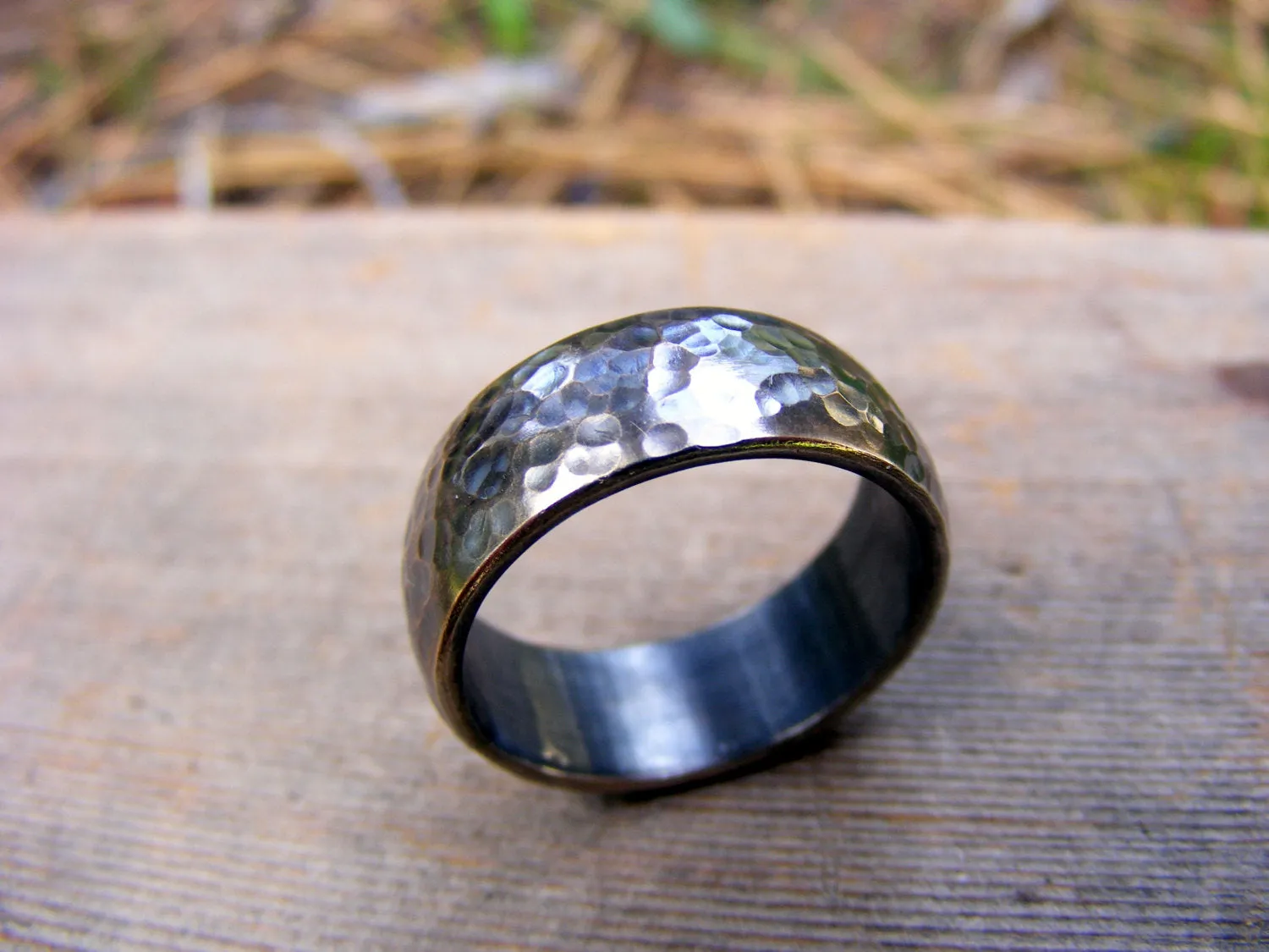 Sterling Silver Wide Wedding Engagement Ring Band, Oxidizid, Rustic, Hammered,  Mens Or Womens Unisex Jewelry, Handcrafted