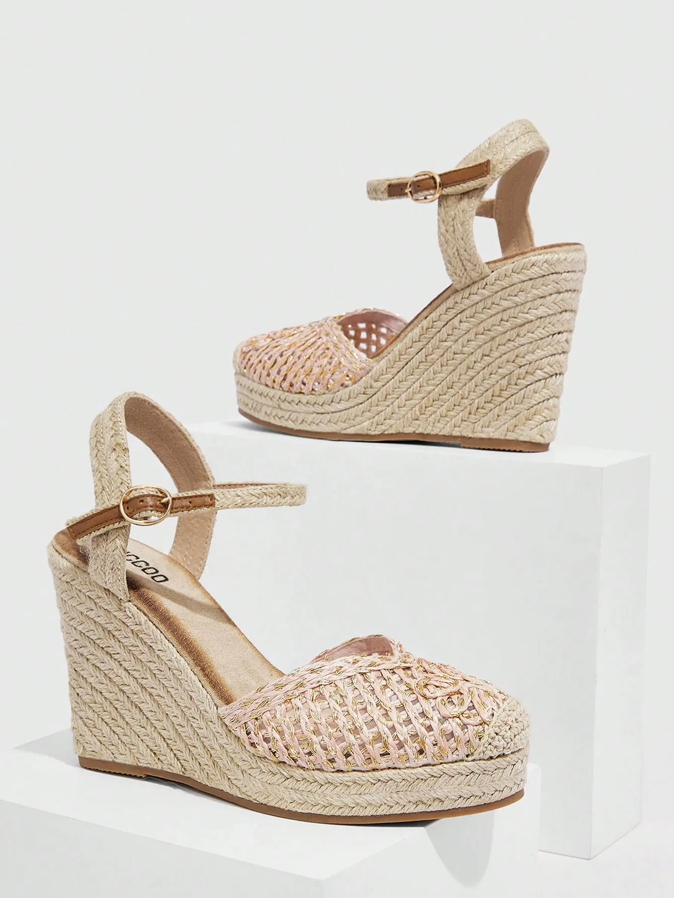 Women Braided Design Ankle Strap Court Wedges, Vacation Straw Shoes