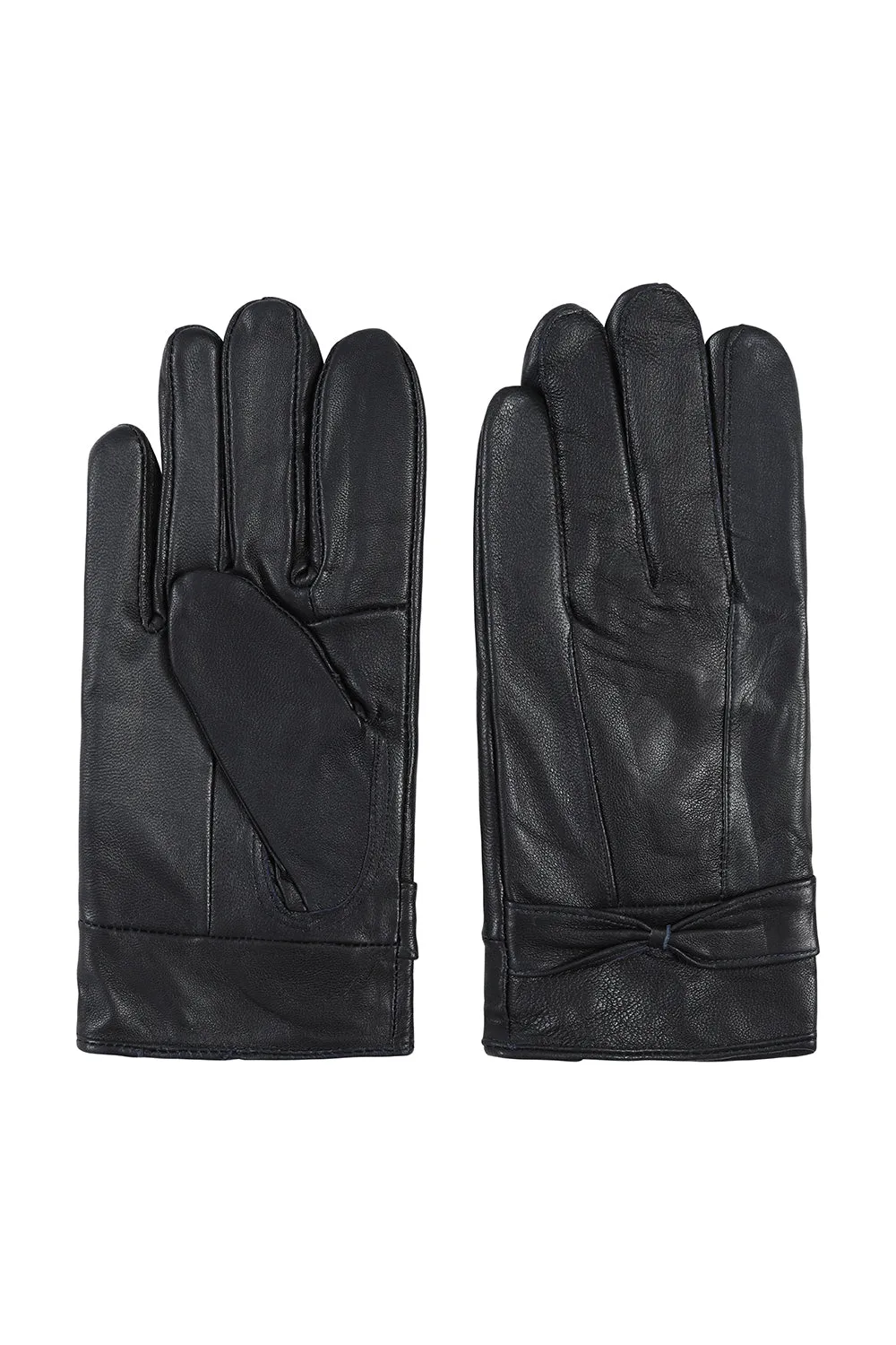 Women's Navy Genuine Leather Gloves with Bow